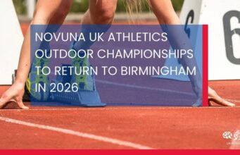 UK Athletics Outdoor Championships returns to Birmingham White text on blue background over a photo of a woman in the starting blocks on a track: Novuna UK Athletics Outdoor Championships will return to Birmingham in 2026