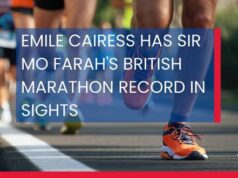 Text overlaid on photos of runners' feet reads: Emile Cairess has Sir Mo Farah's BRITISH MARATHON record In sights