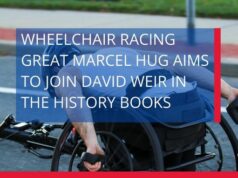 White text over a photo of a man in a racing wheelchair reads: Wheelchair racing great Marcel Hug aims to join David Weir In the history books
