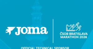 Light blue background with logos in white for Joma and the marathon