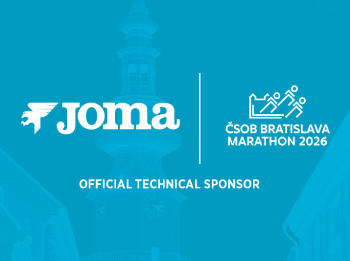 Light blue background with logos in white for Joma and the marathon