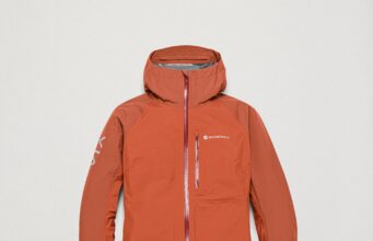 An orange hooded waterproof jacket on a white background