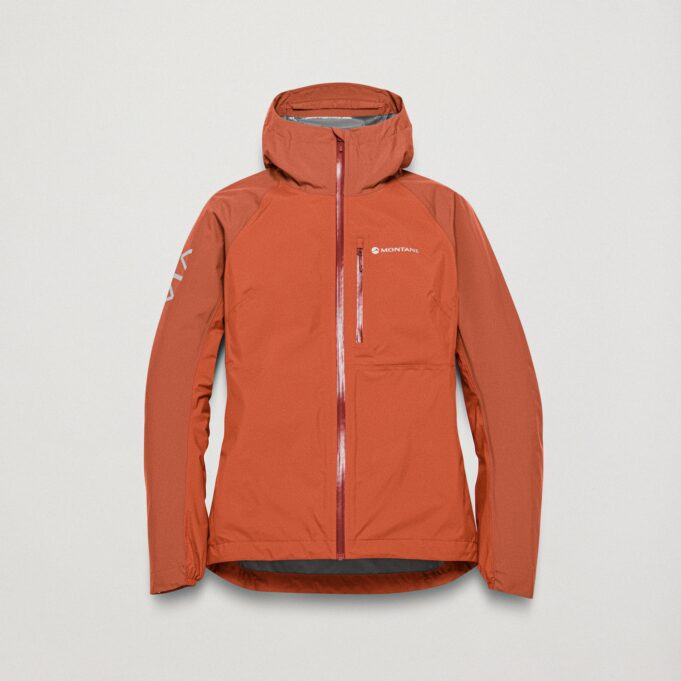 An orange hooded waterproof jacket on a white background