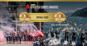 Poster showing the bike and swim course of the top voted IRONMAN events