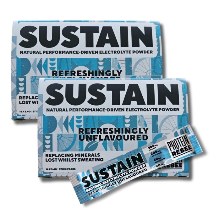 Sustain White Background (1) Blue and white packaging containing electrolyte powder