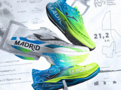 three neon green and blue running shoes, with Madrid written on the side