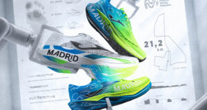 three neon green and blue running shoes, with Madrid written on the side