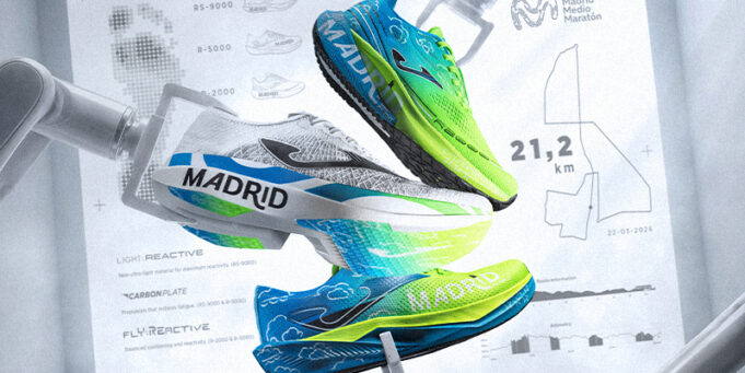 Joma Madrid three neon green and blue running shoes, with Madrid written on the side