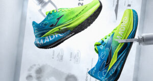 two bright green and blue running shoes