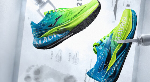 two bright green and blue running shoes