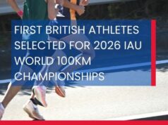 First British athletes selected for 2026 IAU World 100KM Championships Two runners run fast on a road. Text over photo reads: First BrItIsh athletes selected for 2026 IAU World 100KM ChampIonshIps