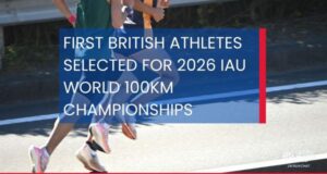 Two runners run fast on a road. Text over photo reads: First BrItIsh athletes selected for 2026 IAU World 100KM ChampIonshIps