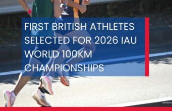 Two runners run fast on a road. Text over photo reads: First BrItIsh athletes selected for 2026 IAU World 100KM ChampIonshIps