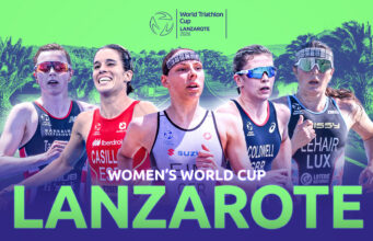 A montage of five women triathlete head and shoulders