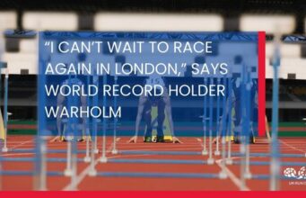 Text over a photo of hurdlers waiting to start a race (taken from the finish line through the hurdles) reads: “I can't wait to race again in London,” says World Record Holder Warholm