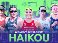 Montage of head and shoulders of 5 top female athletes on the Haikou start list