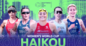 Montage of head and shoulders of 5 top female athletes on the Haikou start list