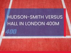 Picture of a red running track close up at the 400 start. Text reads HUDSON-SMITH VERSUS HALL IN LONDON 400M