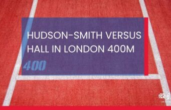 Picture of a red running track close up at the 400 start. Text reads HUDSON-SMITH VERSUS HALL IN LONDON 400M