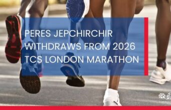 4 pairs of elite running legs. Text reads: PERES JEPCHIRCHIR WITHDRAWS FROM 2026 TCS LONDON MARATHON
