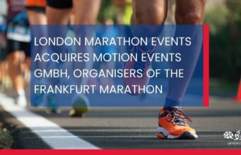 Text over people running a road race reads: London Marathon Events announces acquisition of Motion Events GmbH, organisers of the Mainova Frankfurt Marathon