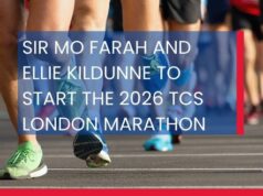 White text on transparent blue background reads: SIR MO FARAH AND ELLIE KILDUNNE TO START THE 2026 TCS LONDON MARATHON