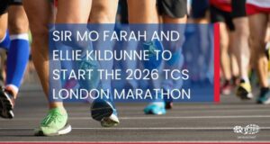 White text on transparent blue background reads: SIR MO FARAH AND ELLIE KILDUNNE TO START THE 2026 TCS LONDON MARATHON