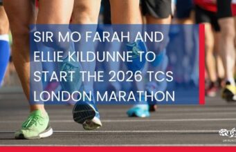 White text on transparent blue background reads: SIR MO FARAH AND ELLIE KILDUNNE TO START THE 2026 TCS LONDON MARATHON