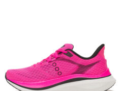 A bright pink running shoe