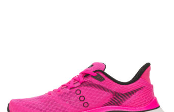 A bright pink running shoe