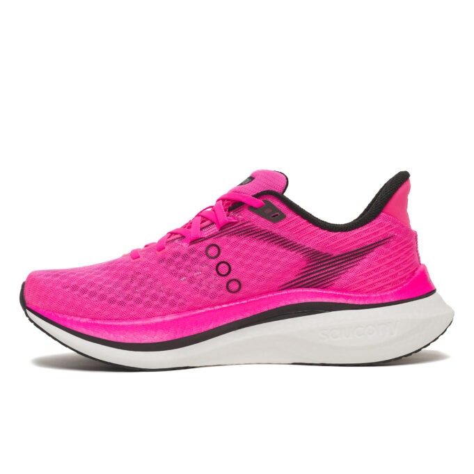 A bright pink running shoe