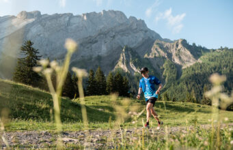 A lone male trail runner runs past craggy mountains in a green valley.