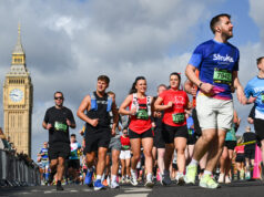 Jo Whiley, Alexandra Burke & Tyler West run London Landmarks Half Marathon Runners pass by the Elizabeth Tower/Big Ben