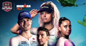 Montage of two female and two male triathletes