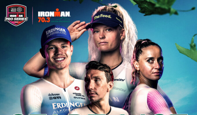 Stacked start line for IRONMAN 70.3 Aix-en-Provence Montage of two female and two male triathletes