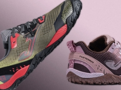 Two barefoot trainers are shown on a lilac background. One is a lilac colour, one is a green and red colour.