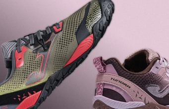 Two barefoot trainers are shown on a lilac background. One is a lilac colour, one is a green and red colour.