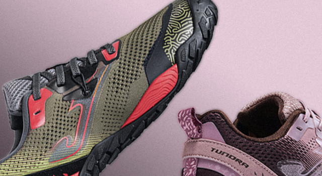 Two barefoot trainers are shown on a lilac background. One is a lilac colour, one is a green and red colour.