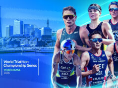 WTCS Yokohama Race Preview Montage of 6 triathletes racing and a city scape.