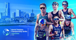 Montage of 6 triathletes racing and a city scape.