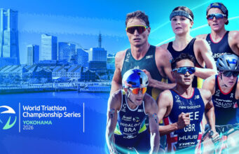 Montage of 6 triathletes racing and a city scape.
