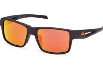 adidas Sport Eyewear Spring/Summer 2026 black rimmed sports sunglasses with orange lenses