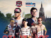 Montage of seven male triathletes and a German church with the words START LIST in large red type.