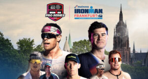 Montage of seven male triathletes and a German church with the words START LIST in large red type.