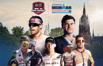 Montage of seven male triathletes and a German church with the words START LIST in large red type.