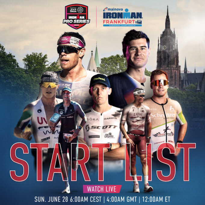 IRONMAN Montage of seven male triathletes and a German church with the words START LIST in large red type.