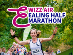 Text reads Wizz Air Ealing Half Marathon over a photo of a woman running towards a finish tape.