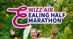 Text reads Wizz Air Ealing Half Marathon over a photo of a woman running towards a finish tape.