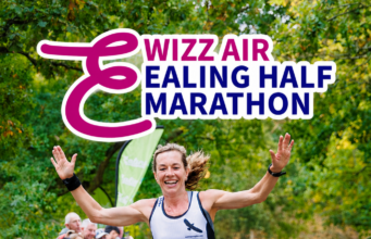Wizz Air to sponsor Ealing Half Marathon Text reads Wizz Air Ealing Half Marathon over a photo of a woman running towards a finish tape.