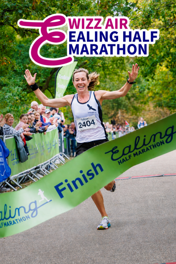 Ealing Half Marathon Text reads Wizz Air Ealing Half Marathon over a photo of a woman running towards a finish tape.